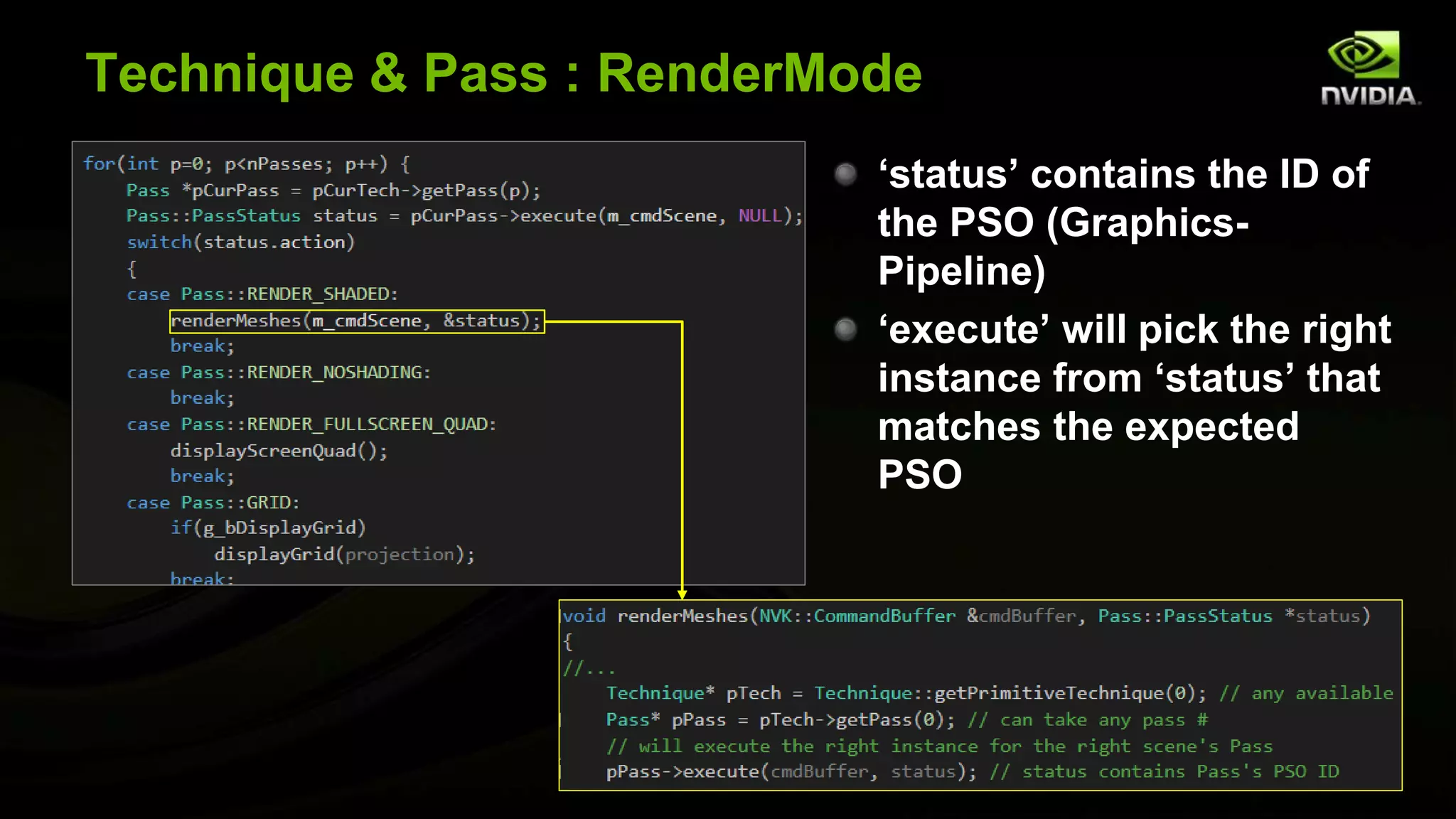 Technique & Pass : RenderMode
‘status’ contains the ID of
the PSO (Graphics-
Pipeline)
‘execute’ will pick the right
instance from ‘status’ that
matches the expected
PSO
 