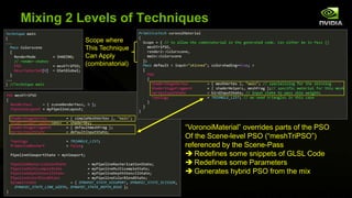 Scope where
This Technique
Can Apply
(combinatorial)
Mixing 2 Levels of Techniques
“VoronoiMaterial” overrides parts of the PSO
Of the Scene-level PSO (“meshTriPSO”)
referenced by the Scene-Pass
 Redefines some snippets of GLSL Code
 Redefines some Parameters
 Generates hybrid PSO from the mix
 