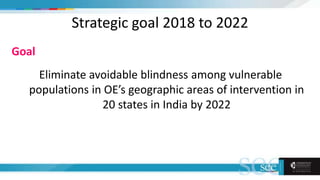 Strategic goal 2018 to 2022
Goal
Eliminate avoidable blindness among vulnerable
populations in OE’s geographic areas of intervention in
20 states in India by 2022
 