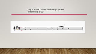 EF
G A B C D E
Step 3: Use ‘DO’ to find other Solfege syllables
Remember: E is ‘DO’
MI
 