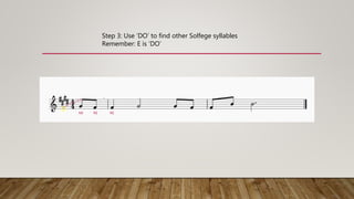 EF
G A B C D E
Step 3: Use ‘DO’ to find other Solfege syllables
Remember: E is ‘DO’
MI RE RE
 