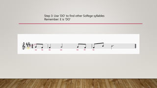 EF
G A B C D E
Step 3: Use ‘DO’ to find other Solfege syllables
Remember: E is ‘DO’
MI RE RE MI MI RE RE
 