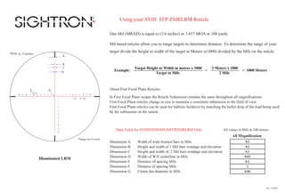 Using your SVIII FFP ZSIRLRM Reticle
Ver. 2-2021
Illuminated LRM
Width of wide bracket bars in Mils
Height and width of 1 Mil bars windage and elevation
Height and width of .2 Mil bars windage and elevation
Width of W/E centerline in Mils
Distance of spacing Mils
Distance of spacing Mils
Center dot diameter in Mils
Dimension A
Dimension B
Dimension C
Dimension D
Dimension E
Dimension F
Dimension G
Example:
Target Height or Width in meters x 1000
=
2 Meters x 1000
= 1000 Meters
Target in Mils 2 Mils
One Mil (MRAD) is equal to (3.6 inches) or 3.437 MOA at 100 yards.
0.2
0.2
0.1
0.03
0.2
1
0.05
Data Valid for SVIIISSED540X56FFPZSIRLRM Only
Mil based reticles allow you to range targets to determine distance. To determine the range of your
target divide the height or width of the target in Meters x(1000) divided by the Mils on the reticle.
About First Focal Plane Reticles
In First Focal Plane scopes the Reticle Subtension remains the same throughout all magnifications.
First Focal Plane reticles change in size to maintain a consistent subtension to the field of view.
First Focal Plane reticles can be used for ballistic holdover by matching the bullet drop of the load being used
by the subtension on the reticle.
All Magnification
All values in Mils at 100 meters.
*Image not to scale
*FOV at 15 power
C
A
B
D
G
F
E
 