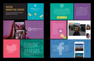 8  SIGHTSEER | ISSUE 1 ISSUE 1 | SIGHTSEER  9  
In a move that could challenge Yelp, Instagram will
soon let people book appointments with businesses,
part of an effort to expand the app's consumer uses.
People will be able to make a reservation, for example,
by going to a restaurant’s Instagram profile and clicking
on a button to schedule it. The new feature is set to roll
out in the next couple months.
As part of its growing competition with Google for travel
dollars, Facebook has launched its own city guides,
which include the capabilities of booking a hotel, restau-
rant, or tour. The app is also making use of its geoloca-
tion data by showing users lists of cities their friends
have visited, “places locals go” based on the most popu-
lar and highly-rated spots, and recommendations.
Pinterest expects to earn
more than $500 million in
revenue this year.
DIGITAL
MARKETING UPDATE
AT&T, Johnson & Johnson, and more of the United
States’ biggest advertisers said they would stop
running ads on YouTube and other Google
properties due to concern Google is not doing
enough to prevent brands from appearing next to
offensive material, like hate speech.
Google has previously outlined steps it would take
to stop ads from running next to “hateful, offensive
and derogatory content” on YouTube and websites in
its display network. However, while Google pledged
to improve, brands wanted to hear there would be
zero risk that their ads would appear near content
promoting things like terrorism.
Reports say Twitter is set to announce
that it will open up its livestreaming
API to allow media companies to
livestream to Twitter. This move would
let companies use Twitter software
directly to livestream video. Currently,
companies have to sign deals with
Twitter in order to use this feature or use
Twitter's live video app Periscope.
Instagram launches multiple
images and video posts, aka
“carousel posts”.
Twitter is considering whether
to build a premium version of its
popular Tweetdeck interface aimed at
professionals, raising the possibility that
it could collect subscription fees from
some users for the first time.
Pinterest will now let you search for
products using any image you find online,
without visiting Pinterest, through
it’s Chrome extension. This comes as
part of the platforms expansion of its
visual search to
locate specific
or similar items
and attributes in
photos - both on
the platform and
across the web.
BOOK IT
These are the latest updates from top social and
digital platforms, all in one spot.
 