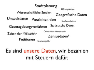 Stadtplanung
                                                Öffnungszeiten
      Wissenschaftliche Studien
                                           Geograﬁsche Daten
Umweltdaten Postleitzahlen
                                                Straßenarbeiten

 Gesetzgebungsverfahren                 Statistische Daten
                              Öffentlicher Nahverkehr
Zeiten der Müllabfuhr
                                  Zensusdaten*
        Petitionen      Seuchengefahr



Es sind unsere Daten, wir bezahlen
         mit Steuern dafür.
 