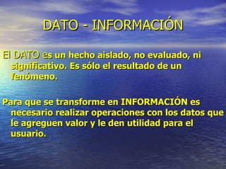 DATO - INFORMACIÓN El DATO e s un hecho aislado, no evaluado, ni significativo. Es sólo el resultado de un fenómeno.  Para que se transforme en INFORMACIÓN es necesario realizar operaciones con los datos que le agreguen valor y le den utilidad para el usuario.  