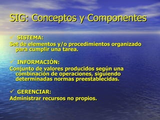 SIG: Conceptos y Componentes SISTEMA:  Set de elementos y/o procedimientos organizado para cumplir una tarea. INFORMACIÓN:  Conjunto de valores producidos según una combinación de operaciones, siguiendo determinadas normas preestablecidas. GERENCIAR:  Administrar recursos no propios. 