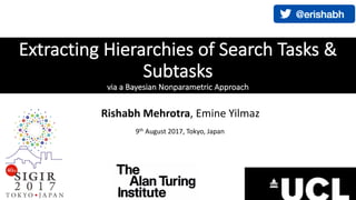 Extracting	Hierarchies	of	Search	Tasks	&	
Subtasks
via	a	Bayesian	Nonparametric	Approach
Rishabh	Mehrotra,	Emine Yilmaz
9th August	2017,	Tokyo,	Japan
 