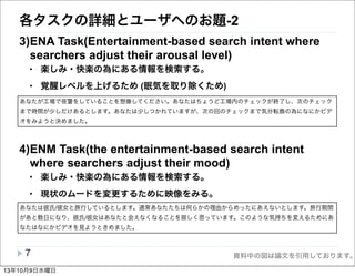 資料中の図は論文を引用しております。
各タスクの詳細とユーザへのお題-2
3)ENA Task(Entertainment-based search intent where
searchers adjust their arousal level)
• 楽しみ・快楽の為にある情報を検索する。
• 覚醒レベルを上げるため (眠気を取り除くため)
4)ENM Task(the entertainment-based search intent
where searchers adjust their mood)
• 楽しみ・快楽の為にある情報を検索する。
• 現状のムードを変更するために映像をみる。
7
あなたが工場で夜警をしていることを想像してください。あなたはちょうど工場内のチェックが終了し、次のチェック
まで時間が少しだけあるとします。あなたは少しつかれていますが、次の回のチェックまで気分転換の為になにかビデ
オをみようと決めました。
あなたは彼氏/彼女と旅行しているとします。通常あなたたちは何らかの理由からめったにあえないとします。旅行期間
があと数日になり、彼氏/彼女はあなたと会えなくなることを寂しく思っています。このような気持ちを変えるためにあ
なたはなにかビデオを見ようときめました。
13年10月9日水曜日
 