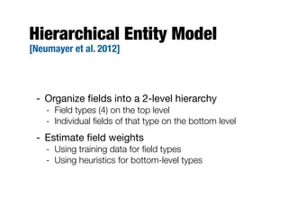 Hierarchical Entity Model
[Neumayer et al. 2012]
- Organize ﬁelds into a 2-level hierarchy
- Field types (4) on the top level
- Individual ﬁelds of that type on the bottom level
- Estimate ﬁeld weights
- Using training data for ﬁeld types
- Using heuristics for bottom-level types
 