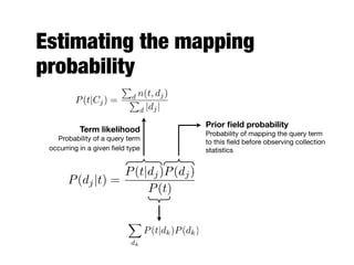 Estimating the mapping
probability
Term likelihood
Probability of a query term
occurring in a given ﬁeld type
Prior ﬁeld probability
Probability of mapping the query term
to this ﬁeld before observing collection
statistics
P(dj|t) =
P(t|dj)P(dj)
P(t)
X
dk
P(t|dk)P(dk)
P(t|Cj) =
P
d n(t, dj)
P
d |dj|
 