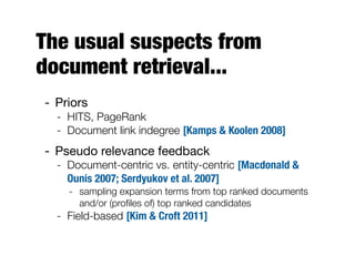 The usual suspects from
document retrieval...
- Priors
- HITS, PageRank
- Document link indegree [Kamps & Koolen 2008]
- Pseudo relevance feedback
- Document-centric vs. entity-centric [Macdonald &
Ounis 2007; Serdyukov et al. 2007]
- sampling expansion terms from top ranked documents
and/or (proﬁles of) top ranked candidates
- Field-based [Kim & Croft 2011]
 