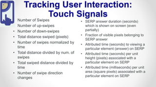 • Number of Swipes
• Number of up-swipes
• Number of down-swipes
• Total distance swiped (pixels)
• Number of swipes normalized by
time
• Total distance divided by num. of
swipes
• Total swiped distance divided by
time
• Number of swipe direction
changes
• SERP answer duration (seconds)
which is shown on screen (even
partially)
• Fraction of visible pixels belonging to
SERP answer
• Attributed time (seconds) to viewing a
particular element (answer) on SERP
• Attributed time (seconds) per unit
height (pixels) associated with a
particular element on SERP
• Attributed time (milliseconds) per unit
area (square pixels) associated with a
particular element on SERP
Tracking User Interaction:
Touch Signals
 