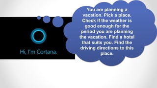 You are planning a
vacation. Pick a place.
Check if the weather is
good enough for the
period you are planning
the vacation. Find a hotel
that suits you. Find the
driving directions to this
place.
 