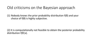 Old criticisms on the Bayesian approach
(1) Nobody knows the prior probability distribution f(θ) and your
choice of f(θ) is highly subjective.
(2) It is computationally not feasible to obtain the posterior probability
distribution f(θ|x).
 