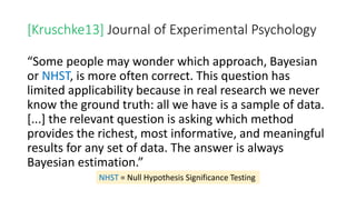 [Kruschke13] Journal of Experimental Psychology
“Some people may wonder which approach, Bayesian
or NHST, is more often correct. This question has
limited applicability because in real research we never
know the ground truth: all we have is a sample of data.
[...] the relevant question is asking which method
provides the richest, most informative, and meaningful
results for any set of data. The answer is always
Bayesian estimation.”
NHST = Null Hypothesis Significance Testing
 