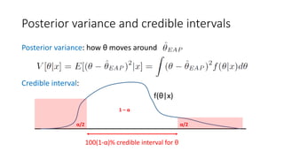 Posterior variance and credible intervals
Posterior variance: how θ moves around
Credible interval:
f(θ|x)
α/2 α/2
1 – α
100(1-α)% credible interval for θ
 