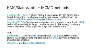 HMC/Stan vs. other MCMC methods
[Hoffman+14] HMC’s features “allow it to converge to high-dimensional
target distributions much more quickly than simpler methods such as
random walk Metropolis[-Hastings] or Gibbs sampling”
[Kruschke15] “HMC can be more effective than the various samplers in JAGS
and BUGS, especially for large complex models. [...] However, Stan is not
universally faster or better (at this stage in its development).”
In IR,
[Carterette11,15] used Gibbs sampling with JAGS (Just Another Gibbs
Sampler), an open-source implementation of BUGS (Bayesian inference
Using Gibbs Sampling);
[Zhang+16] used Metropolis-Hastings.
 
