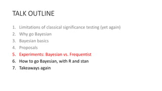 TALK OUTLINE
1. Limitations of classical significance testing (yet again)
2. Why go Bayesian
3. Bayesian basics
4. Proposals
5. Experiments: Bayesian vs. Frequentist
6. How to go Bayesian, with R and stan
7. Takeaways again
 