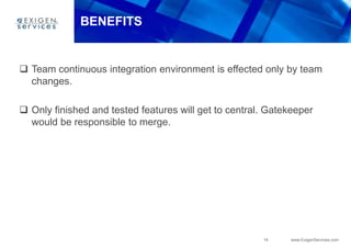 BENEFITS


 Team continuous integration environment is effected only by team
  changes.

 Only finished and tested featu...