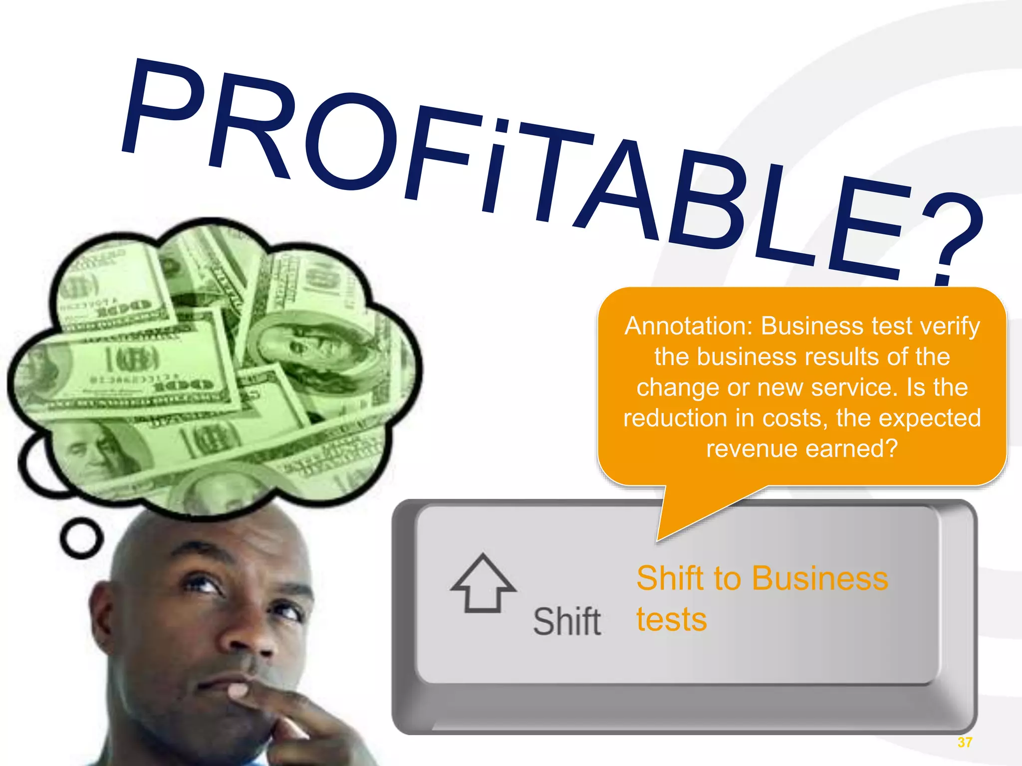 37 Shift to Business tests Annotation: Business test verify the business results of the change or new service. Is the reduction in costs, the expected revenue earned? 