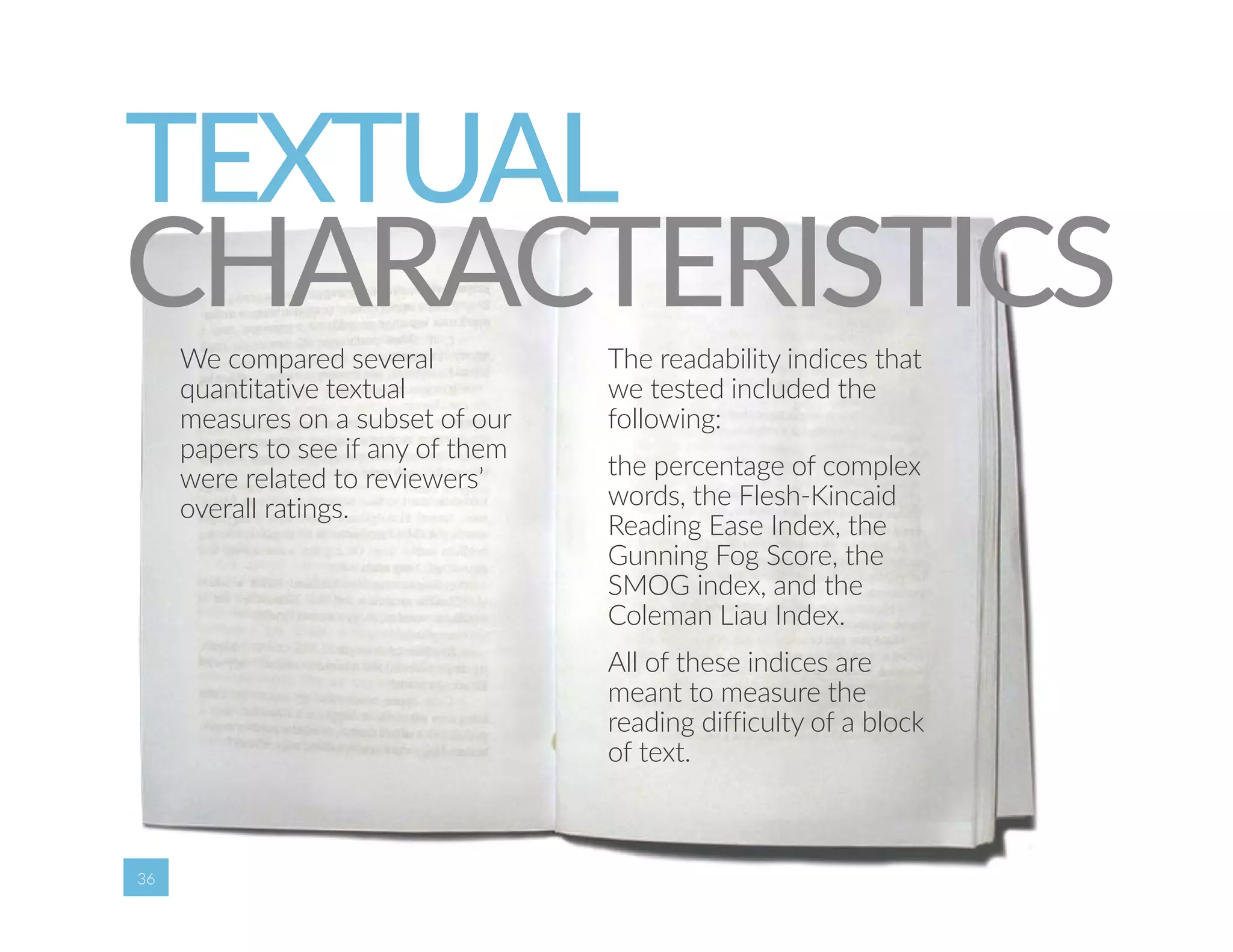 TEXTUAL 
CHARACTERISTICS 
36 
We compared several 
quantitative textual 
measures on a subset of our 
papers to see if any of them 
were related to reviewers’ 
overall ratings. 
The readability indices that 
we tested included the 
following: 
the percentage of complex 
words, the Flesh‐Kincaid 
Reading Ease Index, the 
Gunning Fog Score, the 
SMOG index, and the 
Coleman Liau Index. 
All of these indices are 
meant to measure the 
reading difficulty of a block 
of text. 
 