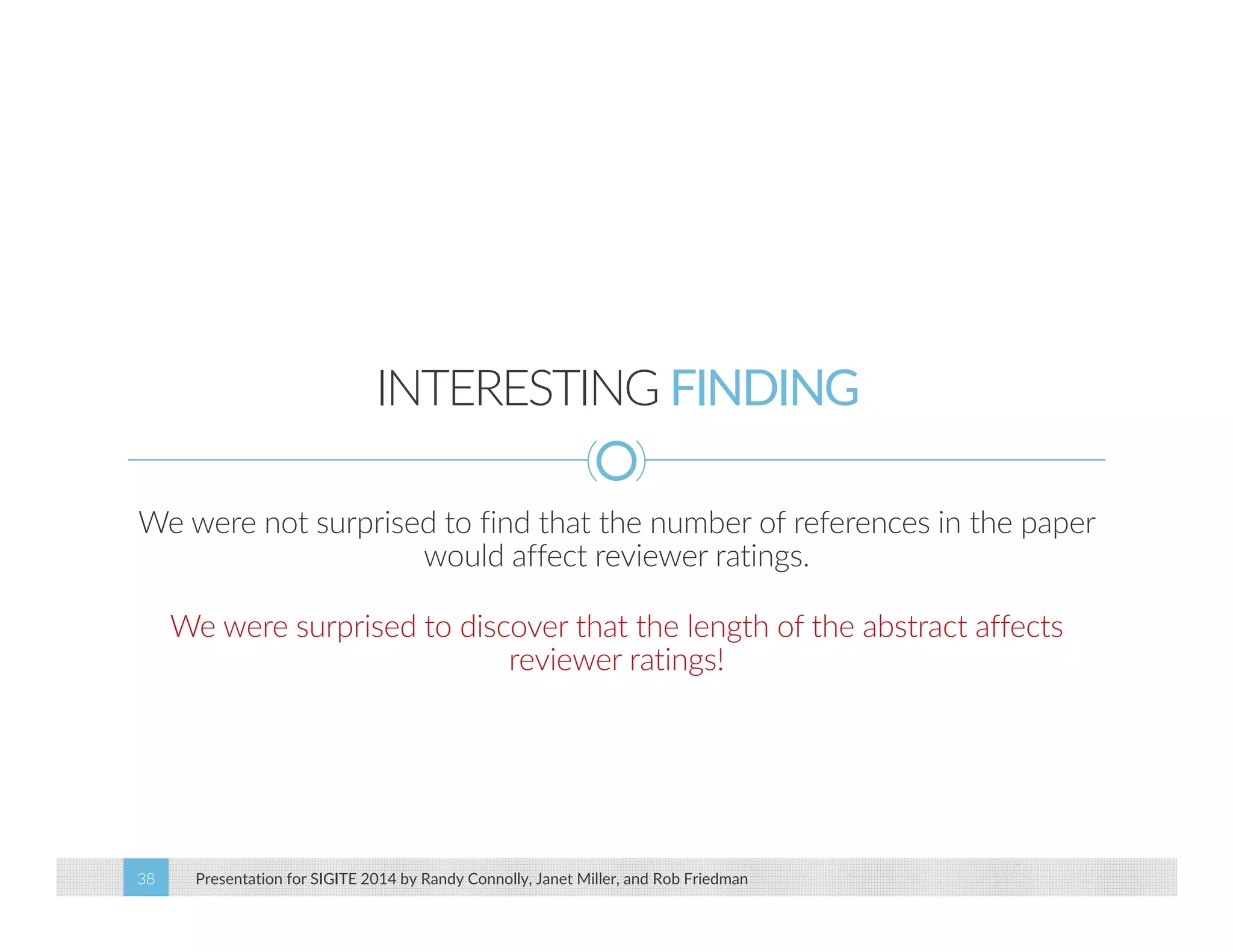 INTERESTING FINDING 
We were not surprised to find that the number of references in the paper 
would affect reviewer ratings. 
We were surprised to discover that the length of the abstract affects 
reviewer ratings! 
Presentation for SIGITE 2014 38 by Randy Connolly, Janet Miller, and Rob Friedman 
 
