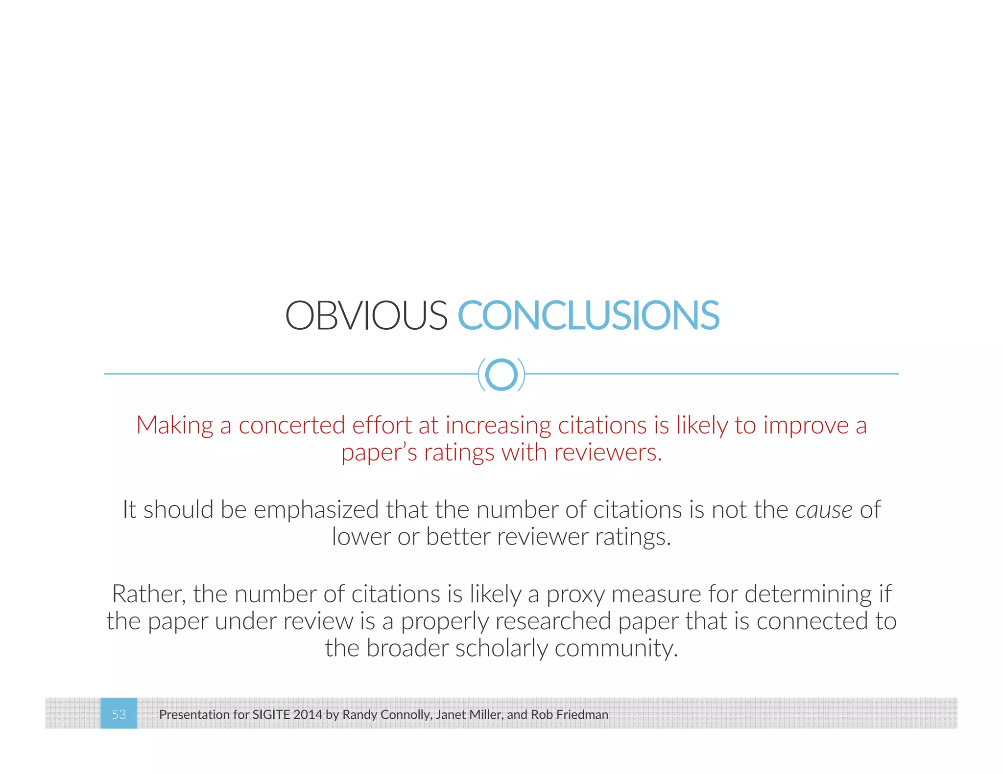 OBVIOUS CONCLUSIONS 
Making a concerted effort at increasing citations is likely to improve a 
paper’s ratings with reviewers. 
It should be emphasized that the number of citations is not the cause of 
lower or better reviewer ratings. 
Rather, the number of citations is likely a proxy measure for determining if 
the paper under review is a properly researched paper that is connected to 
the broader scholarly community. 
Presentation for SIGITE 2014 53 by Randy Connolly, Janet Miller, and Rob Friedman 
 