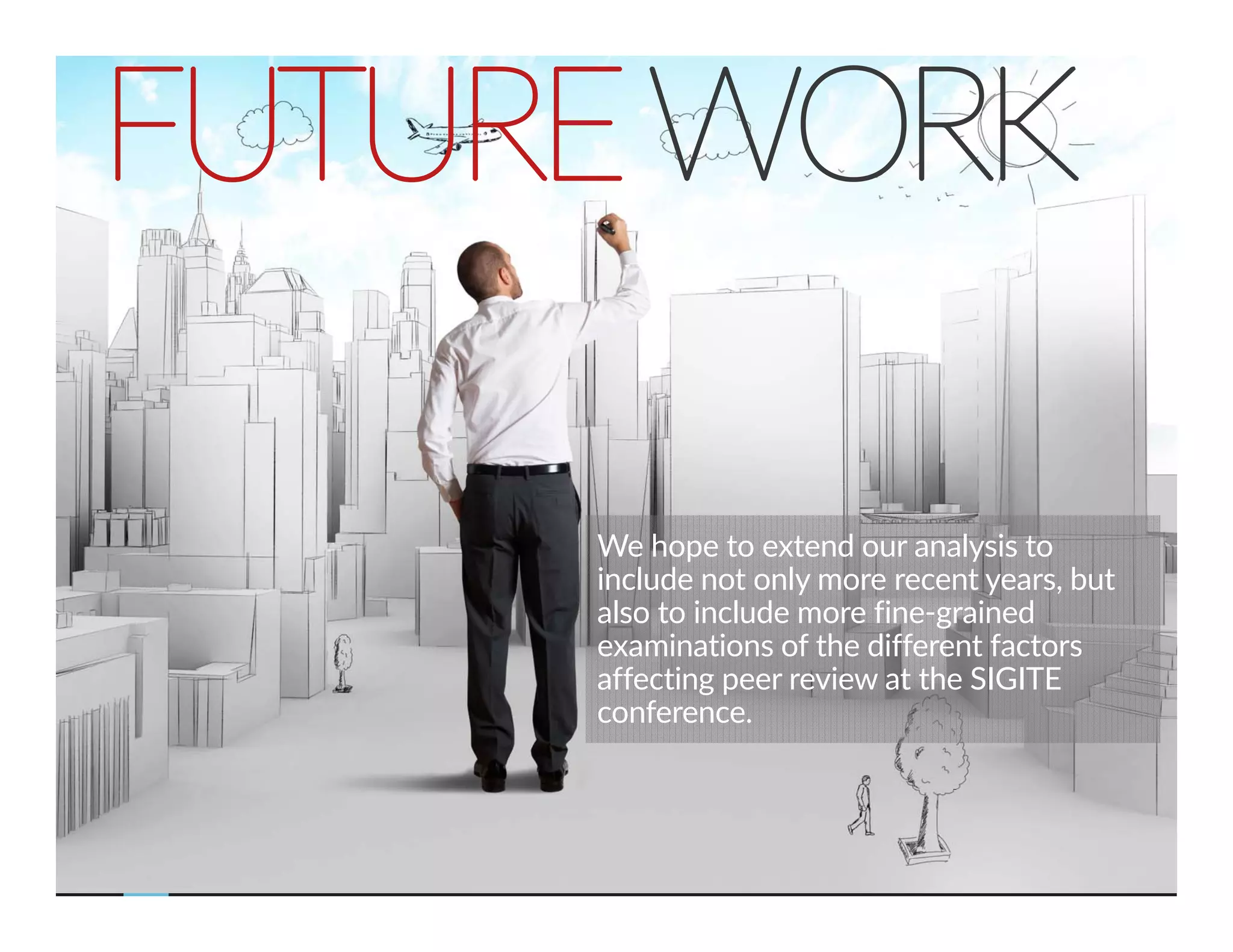 FUTUREWORK 
55 
We hope to extend our analysis to 
include not only more recent years, but 
also to include more fine‐grained 
examinations of the different factors 
affecting peer review at the SIGITE 
conference. 
 