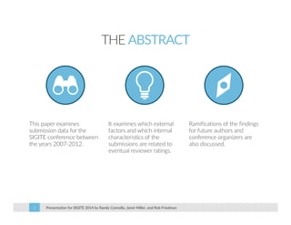 THE ABSTRACT 
This paper examines 
submission data for the 
SIGITE conference between 
the years 2007‐2012. 
It examines w...
