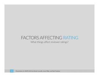 FACTORS AFFECTING RATING 
What things affect reviewer ratings? 
Presentation for SIGITE 2014 31 by Randy Connolly, Janet Miller, and Rob Friedman 
 