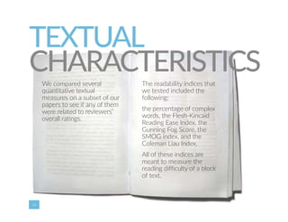 TEXTUAL 
CHARACTERISTICS 
36 
We compared several 
quantitative textual 
measures on a subset of our 
papers to see if any of them 
were related to reviewers’ 
overall ratings. 
The readability indices that 
we tested included the 
following: 
the percentage of complex 
words, the Flesh‐Kincaid 
Reading Ease Index, the 
Gunning Fog Score, the 
SMOG index, and the 
Coleman Liau Index. 
All of these indices are 
meant to measure the 
reading difficulty of a block 
of text. 
 