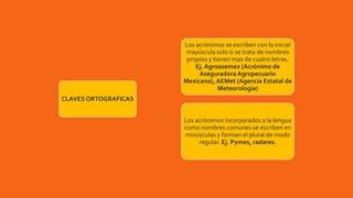CLAVES ORTOGRAFICAS
Los acrónimos se escriben con la inicial
mayúscula solo si se trata de nombres
propios y tienen mas de cuatro letras.
Ej. Agroasemex (Acrónimo de
Aseguradora Agropecuario
Mexicana), AEMet (Agencia Estatal de
Meteorología)
Los acrónimos incorporados a la lengua
como nombres comunes se escriben en
minúsculas y forman el plural de modo
regular. Ej. Pymes, radares.
 