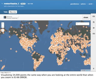 Friday, March 8, 13

Visualizing 34,000 points the same way when you are looking at the entire world than when
you zoom in IS AN ERROR.
 