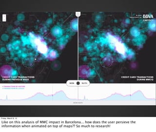 Friday, March 8, 13

Like on this analysis of MWC impact in Barcelona... how does the user persieve the
information when animated on top of maps?? So much to research!
 