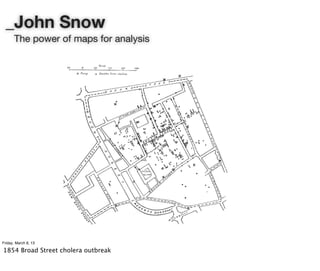 _John Snow
      The power of maps for analysis




Friday, March 8, 13

1854 Broad Street cholera outbreak
 