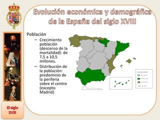 Población Crecimiento población (descenso de la mortalidad): de 7,5 a 10,5 millones. Distribución de la población: predominio de la periferia sobre el centro (excepto Madrid) 