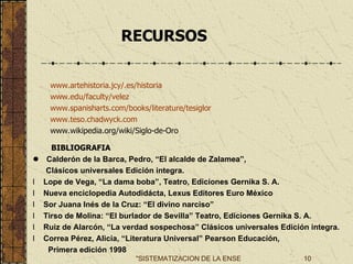 RECURSOS  www.artehistoria.jcy/.es/historia www.edu/faculty/velez www.spanisharts.com/books/literature/tesiglor www.teso.chadwyck.com www.wikipedia.org/wiki/Siglo-de-Oro BIBLIOGRAFIA       Calderón de la Barca, Pedro, “El alcalde de Zalamea”, Clásicos universales Edición integra. l      Lope de Vega, “La dama boba”, Teatro, Ediciones Gernika S. A.  l      Nueva enciclopedia Autodidácta, Lexus Editores Euro México l      Sor Juana Inés de la Cruz: “El divino narciso”  l      Tirso de Molina: “El burlador de Sevilla” Teatro, Ediciones Gernika S. A.  l      Ruiz de Alarcón, “La verdad sospechosa” Clásicos universales Edición integra. l      Correa Pérez, Alicia, “Literatura Universal” Pearson Educación, Primera edición 1998   