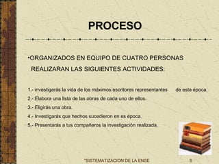 PROCESO ORGANIZADOS EN EQUIPO DE CUATRO PERSONAS  REALIZARAN LAS SIGUIENTES ACTIVIDADES: 1.- investigarás la vida de los máximos escritores representantes  de esta época. 2.- Elabora una lista de las obras de cada uno de ellos. 3.- Eligirás una obra. 4.- Investigarás que hechos sucedieron en es época. 5.- Presentarás a tus compañeros la investigación realizada. 
