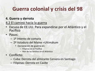 Guerra colonial y crisis del 98
4. Guerra y derrota
4.2 El camino hacia la guerra
• Excusa de EE.UU. Para expandirse por el Atlántico y el
Pacífico
• Pasos:
– 1º Intento de compra
– 2º Voladura del Maine =Ultimátum
• Declaración de guerra en:
– Filipinas en el Pacífico
– Mar de las Antillas en el Atlántico
• Conflicto:
– Cuba: Derrota del almirante Cervera en Santiago
– Filipinas: Derrota en Cavite
 