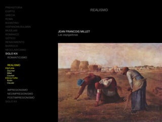 PREHISTORIA
EGIPTO
GRECIA
ROMA
BIZANTINO
HISPANOMUSULMÁN
MUDÉJAR
ROMÁNICO
GÓTICO
RENACIMIENTO
BARROCO
NEOCLASICISMO
SIGLO XIX
ROMANTICISMO
REALISMO
PINTURA
Daumier
Millet
Courbet
ESCULTURA
Rodin
Claudel
IMPRESIONISMO
NEOIMPRESIONISMO
POSTIMPRESIONISMO
SIGLO XX
REALISMO
JEAN FRANCOIS MILLET
Las espigadoras
 