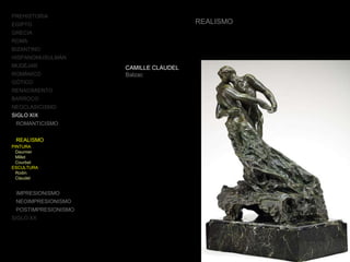 PREHISTORIA
EGIPTO
GRECIA
ROMA
BIZANTINO
HISPANOMUSULMÁN
MUDÉJAR
ROMÁNICO
GÓTICO
RENACIMIENTO
BARROCO
NEOCLASICISMO
SIGLO XIX
ROMANTICISMO
REALISMO
PINTURA
Daumier
Millet
Courbet
ESCULTURA
Rodin
Claudel
IMPRESIONISMO
NEOIMPRESIONISMO
POSTIMPRESIONISMO
SIGLO XX
REALISMO
CAMILLE CLAUDEL
Balzac
 