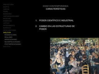 PREHISTORIA
EGIPTO
GRECIA
ROMA
BIZANTINO
HISPANOMUSULMÁN
MUDÉJAR
ROMÁNICO
GÓTICO
RENACIMIENTO
BARROCO
NEOCLASICISMO
SIGLO XIX
ROMANTICISMO
REALISMO
IMPRESIONISMO
NEOIMPRESIONISMO
POSTIMPRESIONISMO
SIGLO XX
EDAD CONTEMPORÁNEA
CARACTERÍSTICAS
1. PODER CIENTÍFICO E INDUSTRIAL
2. CAMBIO EN LAS ESTRUCTURAS DE
PODER
 