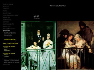 PREHISTORIA
EGIPTO
GRECIA
ROMA
BIZANTINO
HISPANOMUSULMÁN
MUDÉJAR
ROMÁNICO
GÓTICO
RENACIMIENTO
BARROCO
NEOCLASICISMO
SIGLO XIX
ROMANTICISMO
REALISMO
IMPRESIONISMO
MANET COMO FUNDADOR
PINTURA DE PAISAJE
MONET
SISLEY
PISSARRO
PINTURA DE FIGURA
DEGAS
RENOIR
NEOIMPRESIONISMO
POSTIMPRESIONISMO
SIGLO XX
IMPRESIONISMO
MANET
El balcón
 