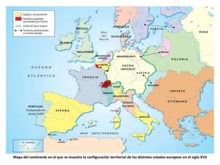 Mapa del continente en el que se muestra la configuración territorial de los distintos estados europeos en el siglo XVII