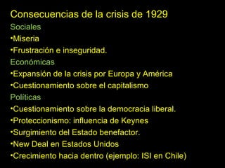 Consecuencias de la crisis de 1929
Sociales
•Miseria
•Frustración e inseguridad.
Económicas
•Expansión de la crisis por Europa y América
•Cuestionamiento sobre el capitalismo
Políticas
•Cuestionamiento sobre la democracia liberal.
•Proteccionismo: influencia de Keynes
•Surgimiento del Estado benefactor.
•New Deal en Estados Unidos
•Crecimiento hacia dentro (ejemplo: ISI en Chile)
 