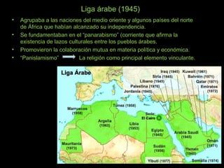 Liga árabe (1945)
• Agrupaba a las naciones del medio oriente y algunos países del norte
de África que habían alcanzado su independencia.
• Se fundamentaban en el “panarabismo” (corriente que afirma la
existencia de lazos culturales entre los pueblos árabes.
• Promovieron la colaboración mutua en materia política y económica.
• “Panislamismo” La religión como principal elemento vinculante.
 