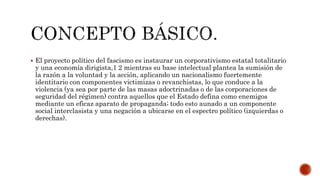  El proyecto político del fascismo es instaurar un corporativismo estatal totalitario 
y una economía dirigista,1 2 mientras su base intelectual plantea la sumisión de 
la razón a la voluntad y la acción, aplicando un nacionalismo fuertemente 
identitario con componentes victimizas o revanchistas, lo que conduce a la 
violencia (ya sea por parte de las masas adoctrinadas o de las corporaciones de 
seguridad del régimen) contra aquellos que el Estado defina como enemigos 
mediante un eficaz aparato de propaganda; todo esto aunado a un componente 
social interclasista y una negación a ubicarse en el espectro político (izquierdas o 
derechas). 
 