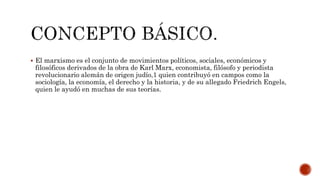  El marxismo es el conjunto de movimientos políticos, sociales, económicos y 
filosóficos derivados de la obra de Karl Marx, economista, filósofo y periodista 
revolucionario alemán de origen judío,1 quien contribuyó en campos como la 
sociología, la economía, el derecho y la historia, y de su allegado Friedrich Engels, 
quien le ayudó en muchas de sus teorías. 
 