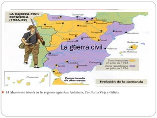  El Alzamiento triunfa en las regiones agrícolas: Andalucía, Castilla La Vieja y Galicia.
La guerra civil
 